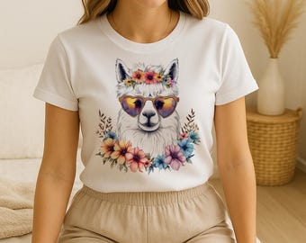 Llama con gafas de sol PNG: Clip art de corona floral bohemia (descarga digital)