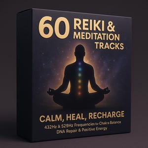 Op de afbeelding: Een zwarte doos met gouden letters met de tekst "60 Reiki & Meditation Tracks". De afbeelding toont een mediterend silhouet met oplichtende chakra punten. De tekst eronder luidt "Calm, Heal, Recharge" en geeft frequentie-informatie.