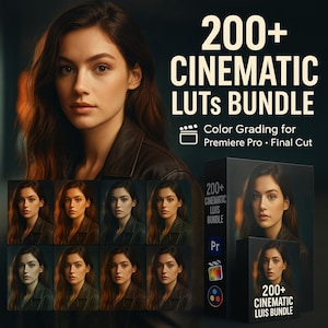 May include: A promotional image featuring a woman with long brown hair. The image advertises a "200+ Cinematic LUTs Bundle" for color grading in Premiere Pro and Final Cut. The image includes a box set with the same woman's portrait.