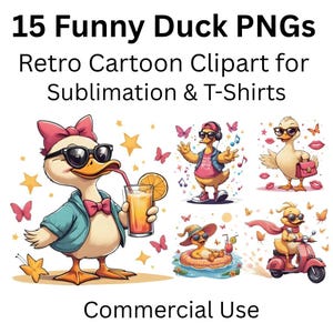 Retro Summer Duck Clipart – Funny Cartoon PNG (Digital Download)