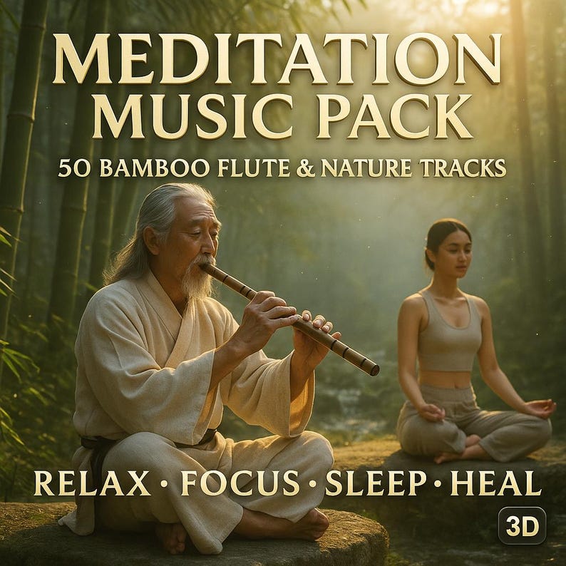 May include: Image promoting a meditation music pack. The text reads "MEDITATION MUSIC PACK" and "50 BAMBOO FLUTE & NATURE TRACKS". A man plays a bamboo flute, and a woman meditates. The words "RELAX &bull; FOCUS &bull; SLEEP &bull; HEAL" are also visible.