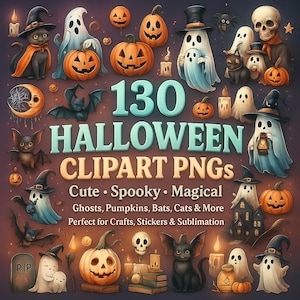 130 Cute Halloween Clipart PNG Bundle | Ghosts, Bats, Pumpkins, Cats,  | Watercolor Spooky Graphics for Stickers, Sublimation, Crafts