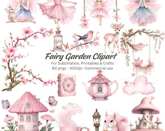 Pastel Fairy Garden Clipart - 60 Aquarell rosa PNGs (digitaler Download)