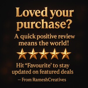 Pu&ograve; includere: Testo dorato su sfondo nero con scritto "Loved your purchase?" seguito da "A quick positive review means the world!" e "Hit 'Favourite' to stay updated on featured deals." Cinque stelle dorate.