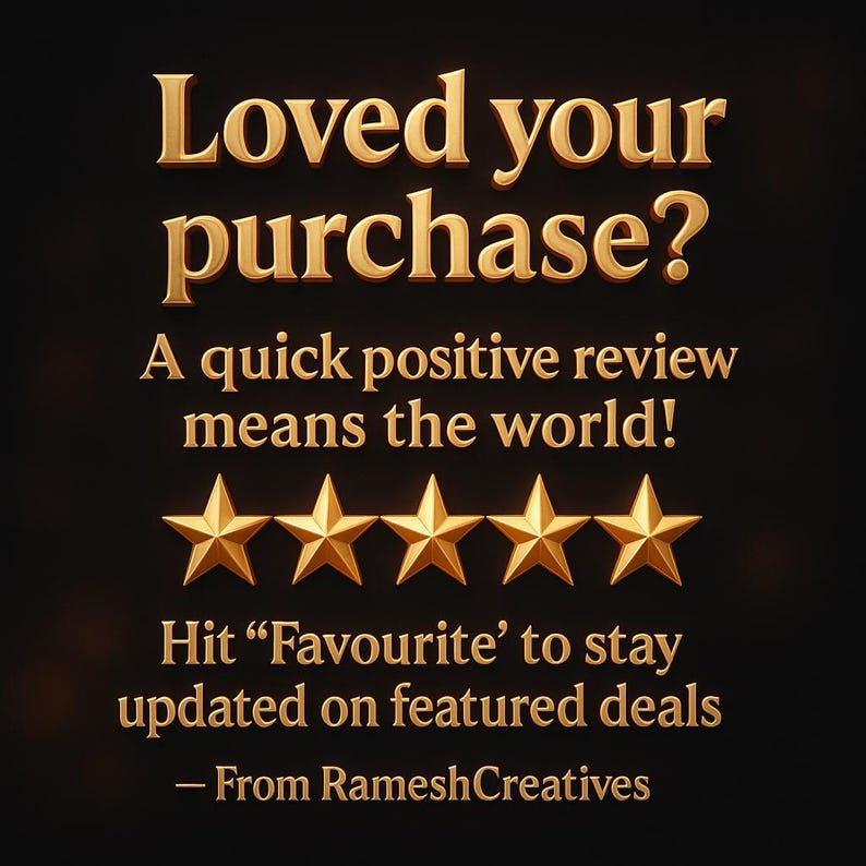 Pu&ograve; includere: Testo dorato su sfondo nero con scritto "Loved your purchase?" seguito da "A quick positive review means the world!" e "Hit 'Favourite' to stay updated on featured deals." Cinque stelle dorate.