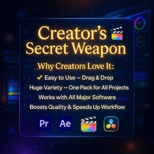 Puede incluir: Gr&aacute;fico digital con el texto "Creator's Secret Weapon" en oro. El gr&aacute;fico enumera caracter&iacute;sticas como "Easy to Use - Drag & Drop" y "Works with All Major Software". Se incluyen logotipos de Pr, Ae y otro software.