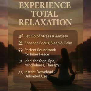 Pu&ograve; includere: Immagine che promuove il relax con il testo "EXPERIENCE TOTAL RELAXATION". Elenca i vantaggi come l'alleviamento dello stress e una maggiore concentrazione. Una persona medita su un molo di legno, con un sereno sfondo di acqua e tramonto.