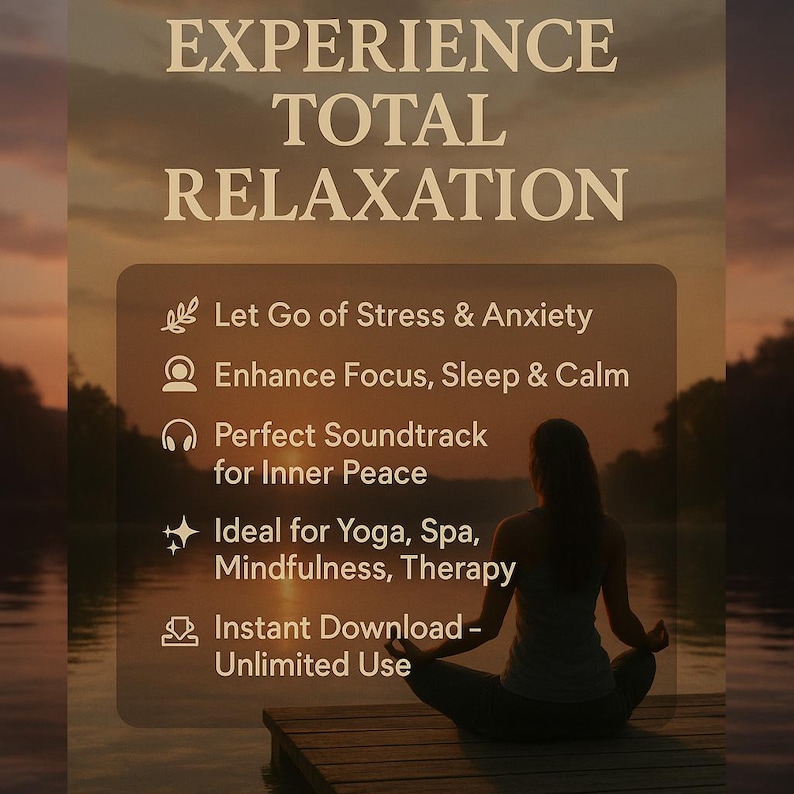 Pu&ograve; includere: Immagine che promuove il relax con il testo "EXPERIENCE TOTAL RELAXATION". Elenca i vantaggi come l'alleviamento dello stress e una maggiore concentrazione. Una persona medita su un molo di legno, con un sereno sfondo di acqua e tramonto.