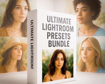 May include: A white box with the text "ULTIMATE LIGHTROOM PRESETS BUNDLE" in large, dark gray letters. The box features images of women. The words "ULTIMATE LIGHTROOM" are printed vertically on the side of the box.