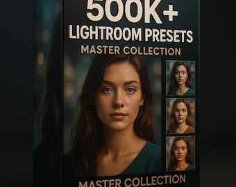 May include: A black box with the text "500K+ LIGHTROOM PRESETS MASTER COLLECTION" in white and gold. The box features a portrait of a woman and three smaller portraits. The overall theme is digital photography and photo editing.