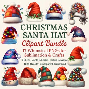 Christmas Santa Hat Clipart Bundle – 16 Quirky PNGs for Xmas Sublimation, Winter Crafts, Stickers & Funny Holiday Art