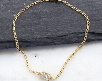 Pulsera apilable de cadena rolo gruesa con forma de baguette rectangular con circonitas cúbicas minimalistas, chapada en oro de 14 quilates y plata de ley