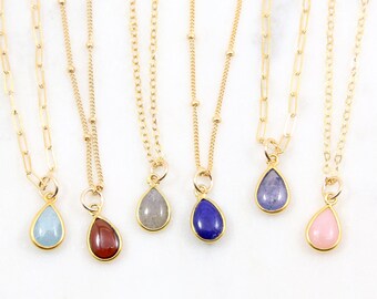 Tiny Teardrop Stone Necklace | Gold Filled, Sterling Silver Gemstone Necklace | Lapis, Aqua, Labradorite, Pink Opal, Tanzanite, Garnet