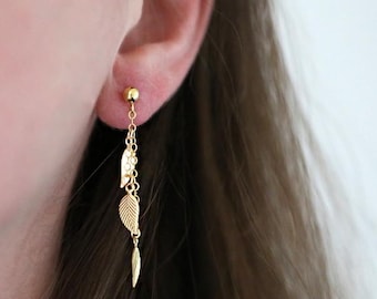 Pendientes colgantes con cadena de hojas y relleno de oro de 14 quilates.