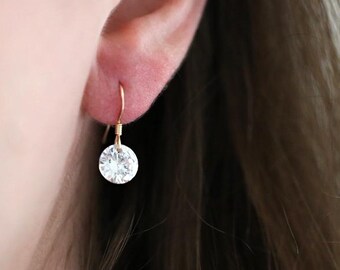 Pendientes colgantes minimalistas de circonita cúbica redonda de 8 mm, rellenos de oro de 14 quilates y plata de ley.