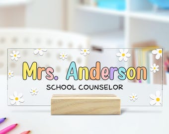 Personalized Teacher Desk Name Plate, Custom Name Teacher Daisy Desk Sign, Custom Teacher Floral Desk Sign, Back To School
