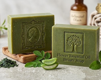 Savon Artisanal aux Mille Plantes • Soin Anti-Âge Aloé Vera, Moringa, Spiruline & Menthe • Hydratation Intense Peaux Matures et Sèches 100g
