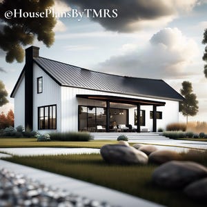 May include: A modern white house with a black roof and trim. The house has large windows and a covered porch. The garden features green grass, landscaping, and a stone pathway. The text "@HousePlansByTMRS" is in the upper left corner.