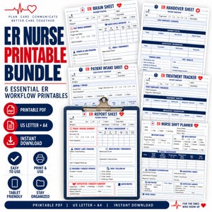 May include: A digital ER nurse printable bundle featuring six essential workflow sheets including a brain sheet, handover sheet, patient intake sheet, treatment tracker, report sheet, and shift planner with blue and red text on white paper.