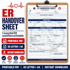 Puede incluir: Una hoja de transferencia de urgencias ER Handover Sheet en formato PDF sobre un portapapeles. El formulario incluye secciones para datos del paciente, motivo de consulta, estado actual, medicación, tareas y notas especiales.