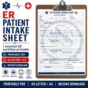 May include: A brown clipboard holding an ER Patient Intake Sheet with sections for patient snapshot, triage, vitals, history, and orders. The document features blue and white text, medical icons, and checkboxes for clinical documentation and workflow.