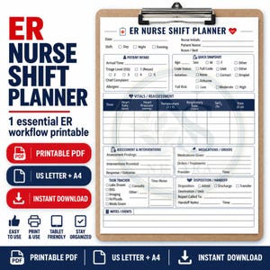 May include: A white ER Nurse Shift Planner document on a brown clipboard. The form includes sections for patient intake, vitals, assessment, medications, task tracking, and disposition. Text includes ER Nurse Shift Planner, Patient Intake, Vitals, and Assessment.