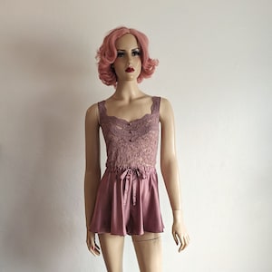 St Michael - 1990&#39;s Tea Rose Satin and Lace Teddy- Medium