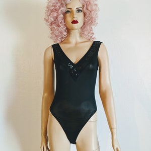 Lady Cameo Dallas- 1980&#39;s Black Sequin Bodysuit- XS Petite