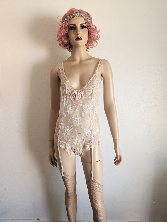 Flair - 1980's Nude Lace Garter Teddy - Medium