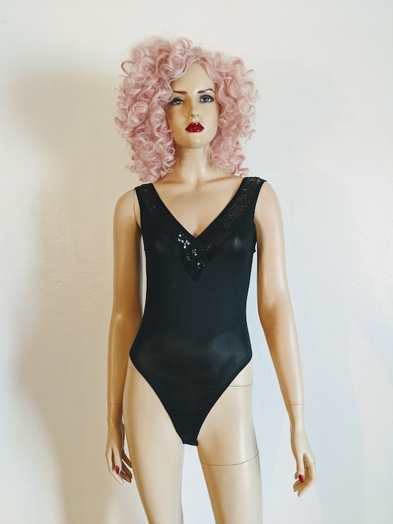 Lady Cameo Dallas- 1980's Black Sequin Bodysuit- X