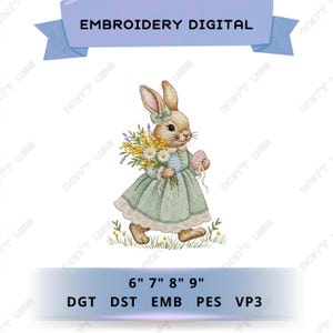 May include: An embroidery digital design of a bunny in a green dress, carrying flowers and an egg. The design includes the text "EMBROIDERY DIGITAL" and sizes 15.2cm, 17.8cm, 20.3cm, and 22.9cm. Formats include DGT, DST, EMB, PES, and VP3.