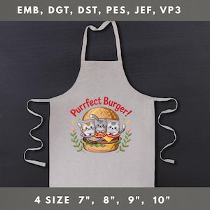 Cute Cat Embroidery File Kawaii Burger Design Japanese Harajuku Stitch Pattern For Shirt Tote Bag Hoodie Or Pastel Goth Fashion Project