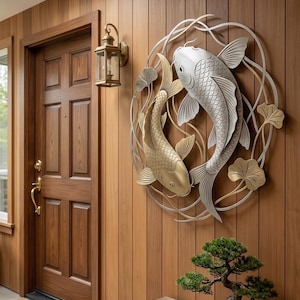 シルバーゴールドの鯉のメタルウォールデコレーション、手作りの魚の壁飾り、玄関ポーチ、パティオ、リビングルーム、庭、家の装飾用のガーデン吊り下げサイン