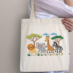 Safari Animal Embroidery File Jungle Lion Elephant Giraffe Zebra Design for Baby Shirt Tote Nursery Pillow Kids Machine Stitch Project