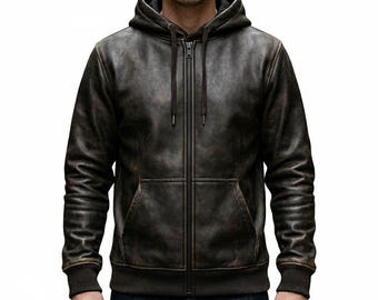 Men's Black Vintage Distressed Leather Hoodie Handmade Genuine Sheepskin Leather Hooded Sweatshirt
