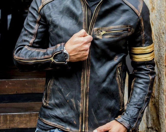 Mens Black Biker Vintage Motorcycle Distressed Cafe Racer Leather Jacket -Handmade Vintage Biker Style Jacket