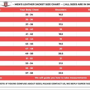 May include: A leather jacket size chart with measurements in inches. The chart includes sizes from XXS to 8XL, listing chest, shoulder, and sleeve dimensions. Text at the bottom encourages customers to contact for assistance with measurements.