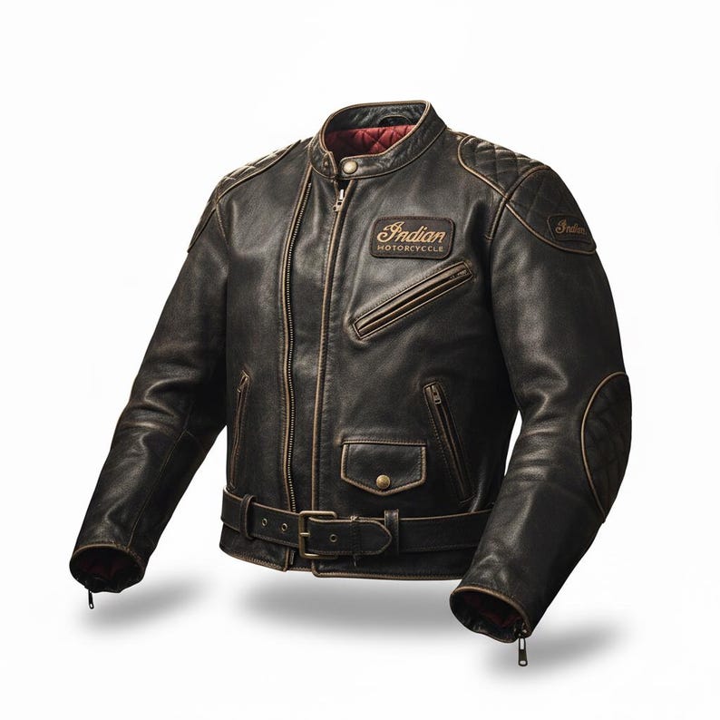 May include: A distressed brown leather motorcycle jacket with a quilted shoulder design and a belt at the waist. The jacket features the text "Indian MOTORCYCLE" on a patch on the chest. The jacket has a zipper closure and multiple pockets.