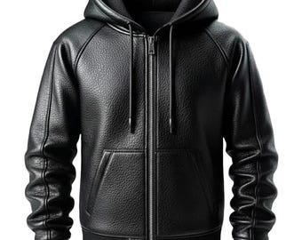 Men's Black Leather Hoodie Handmade Genuine Sheepskin Leather Hooded Sweatshirt
