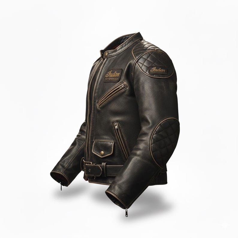 May include: A distressed brown leather motorcycle jacket with the word "Indian" on the chest and shoulder. The jacket features a quilted design on the shoulders and elbows, a zippered front, and a buckled waist belt.