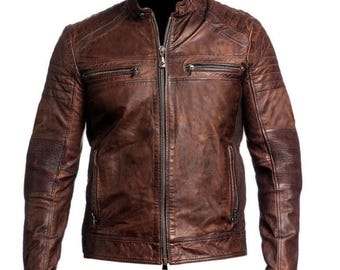 Mens Real Leather Cafe Racer Biker Jacket Vintage Motorcycle Brown Jacket Retro Style
