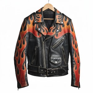 Peut inclure: Veste en cuir noire avec un motif de flammes orange et rouge sur les épaules et les manches. Elle présente un col cranté, une fermeture éclair asymétrique et une ceinture à la taille. La veste est suspendue à un cintre en bois.