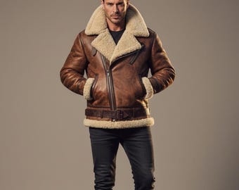 Men’s B3 FAUX Shearling Leather Jacket Vintage Aviator Bomber Coat Real Sheepskin Winter Jacket