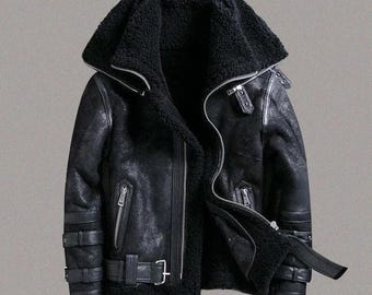 RAF Aviator Real Sheepskin Leather Jacket Men's Black B3 Flight Bomber Jackets