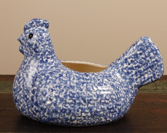 Blue Spongeware Hen Planter - Vintage Ceramic Collectible Home Living Decor