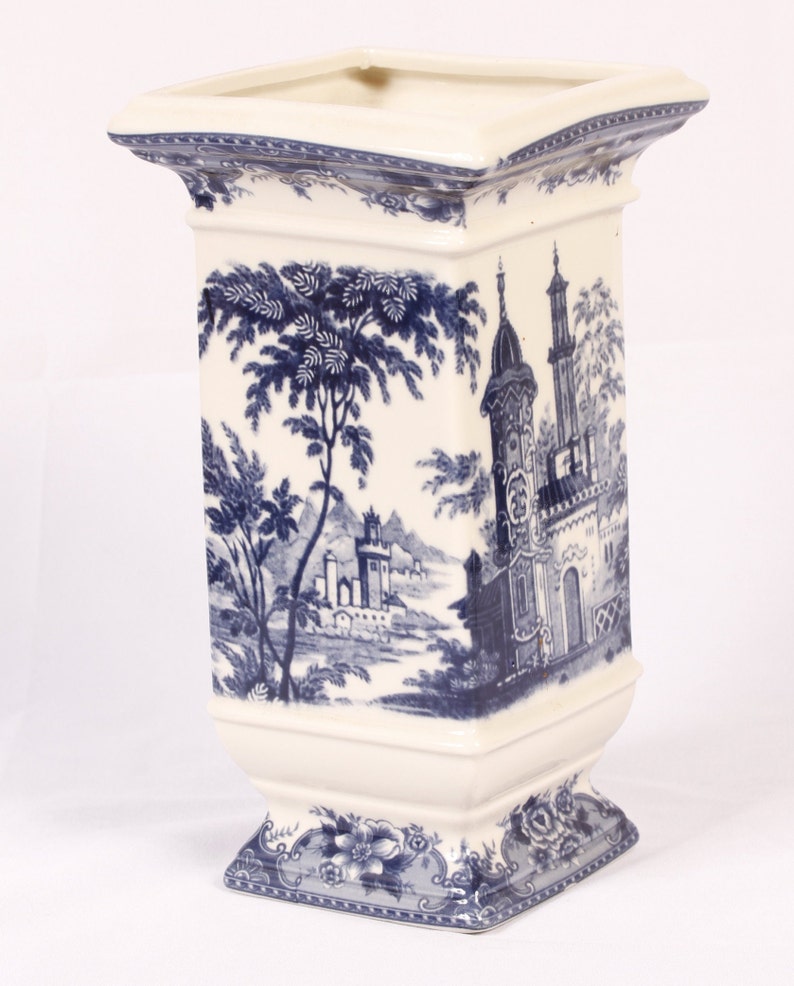 Madison Bay Company Blue Transferware Architectural Scenes Vase Vintage Ceramic Collectible Home Decor Living image 2