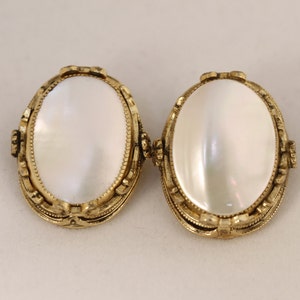 1960's Whiting Davis Gold Tone Mother of Pearl Clip-On Earrings Vintage Collectible Jewelry Fashion Accessory image 1
