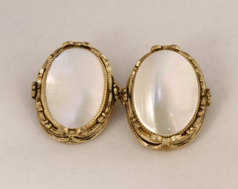 1960's Whiting Davis Gold Tone Mother of Pearl Clip-On Earrings - Vintage Collectible Jewelry Fashion Accessory