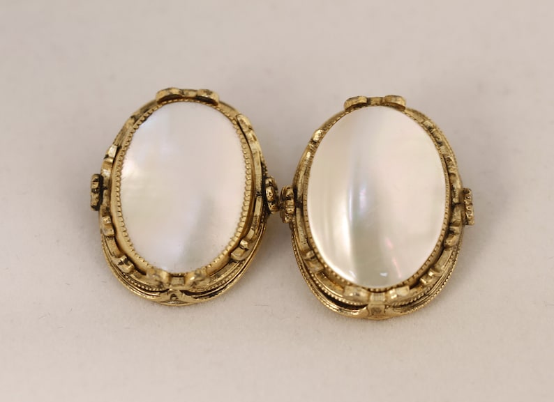 1960's Whiting Davis Gold Tone Mother of Pearl Clip-On Earrings Vintage Collectible Jewelry Fashion Accessory image 1