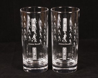 Johnnie Walker Scotch Whisky Keep Walking Tumblers - Set of 2 - Vintage Glass Collectible Barware Dining Serving Entertaining